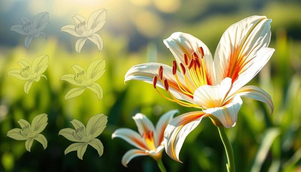 A detailed, step-by-step process of drawing a beautiful lily flower. In the foreground, a series of hand-drawn sketches illustrating the different stages of the drawing process, from initial outlines to final shading and details. The sketches are rendered in a delicate, graphite-like style with soft shadows and highlights, capturing the organic texture of the flower petals. In the middle ground, a single large lily blossom in full bloom, rendered with realistic accuracy and vibrant colors. The flower is illuminated by soft, natural lighting from the side, creating depth and dimension. In the background, a serene, blurred landscape setting with lush greenery to emphasize the natural beauty of the lily.