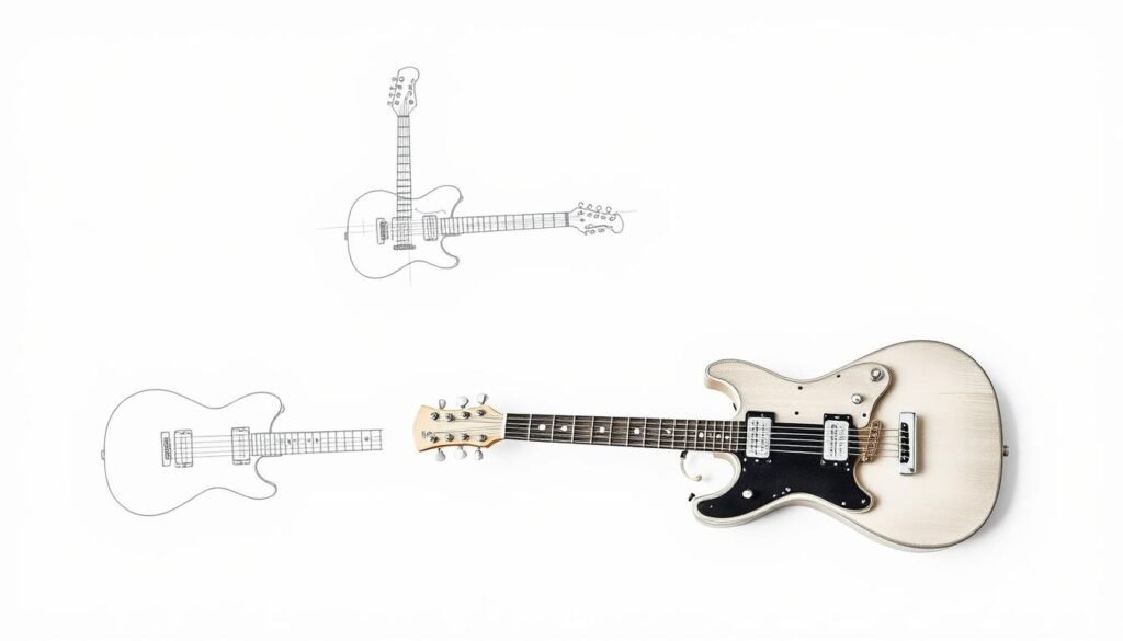 A detailed step-by-step process of drawing a classic six-string guitar on a crisp white background. The guitar is shown in a progression of sketching stages, starting with initial construction lines, followed by refined shapes and shading. The perspective is slightly angled, allowing the viewer to clearly see the guitar's contours and dimensions. Soft, even lighting highlights the textures of the wood grain and metallic hardware. The overall mood is one of informative simplicity, guiding the viewer through the fundamental techniques of guitar illustration.