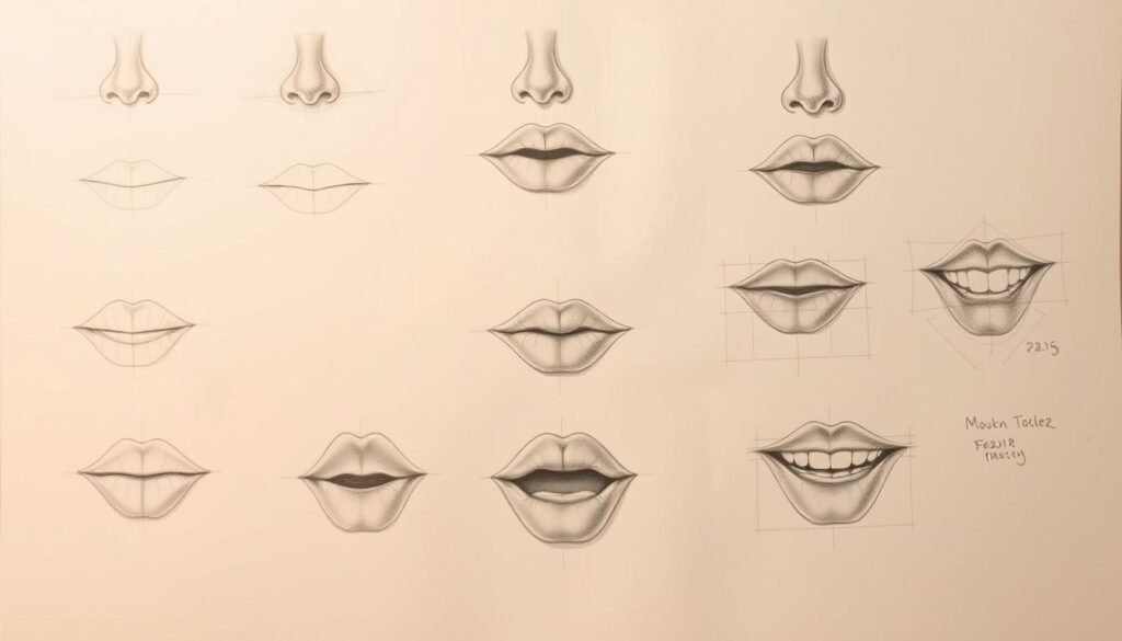 A detailed step-by-step process of drawing a realistic human mouth, captured in a series of pencil sketches and technical illustrations. The foreground depicts the various stages of the mouth drawing, from initial construction lines to shading and refinement. The middle ground showcases different mouth shapes and expressions, demonstrating the techniques for capturing nuanced emotion. The background features a soft, ethereal gradient, allowing the sketches to stand out prominently. Warm studio lighting casts gentle shadows, accentuating the textures and contours of the drawings. The overall composition conveys a sense of instructional clarity and artistic precision, guiding the viewer through the intricate process of rendering a convincing mouth within a facial portrait. A detailed step-by-step process of drawing a realistic human mouth, captured in a series of pencil sketches and technical illustrations. The foreground depicts the various stages of the mouth drawing, from initial construction lines to shading and refinement. The middle ground showcases different mouth shapes and expressions, demonstrating the techniques for capturing nuanced emotion. The background features a soft, ethereal gradient, allowing the sketches to stand out prominently. Warm studio lighting casts gentle shadows, accentuating the textures and contours of the drawings. The overall composition conveys a sense of instructional clarity and artistic precision, guiding the viewer through the intricate process of rendering a convincing mouth within a facial portrait.