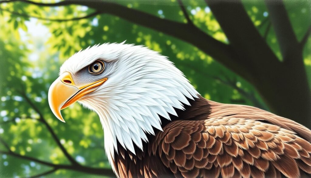 A detailed step-by-step tutorial on how to draw a majestic bald eagle in a natural setting. A close-up portrait of the bird's head in profile, with its hooked beak, piercing eyes, and distinctive white head and tail feathers. The background shows a lush green forest canopy, with dappled sunlight filtering through the leaves. The composition emphasizes the eagle's strong, angular features and powerful presence. Rendered in a realistic, detailed style using a combination of graphite pencils, charcoal, and soft pastels to capture the textures and nuances of the bird's plumage and the surrounding environment.