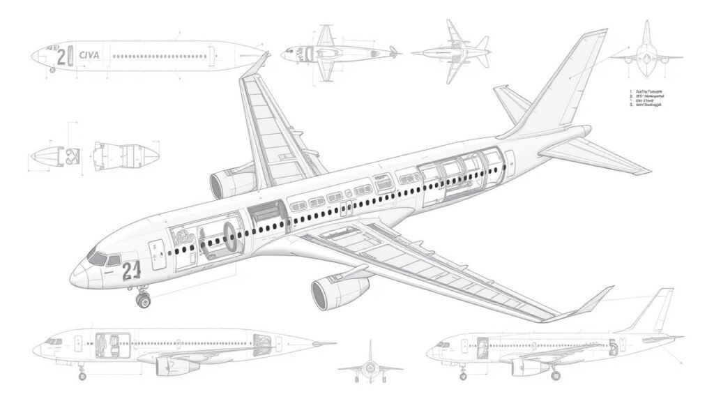 A detailed technical illustration of the basic shapes and structural elements of an airplane. Depicted in a clean, technical style with a neutral color palette. Show the airplane's fuselage, wings, tail, engines, and other key components from multiple angles and cross-sections, with emphasis on the underlying geometry and engineering. Render the scene with crisp, precise lines and minimal texture, under bright, even lighting to clearly expose the structural form. Maintain a sense of simplicity and clarity to facilitate understanding of the airplane's fundamental design.