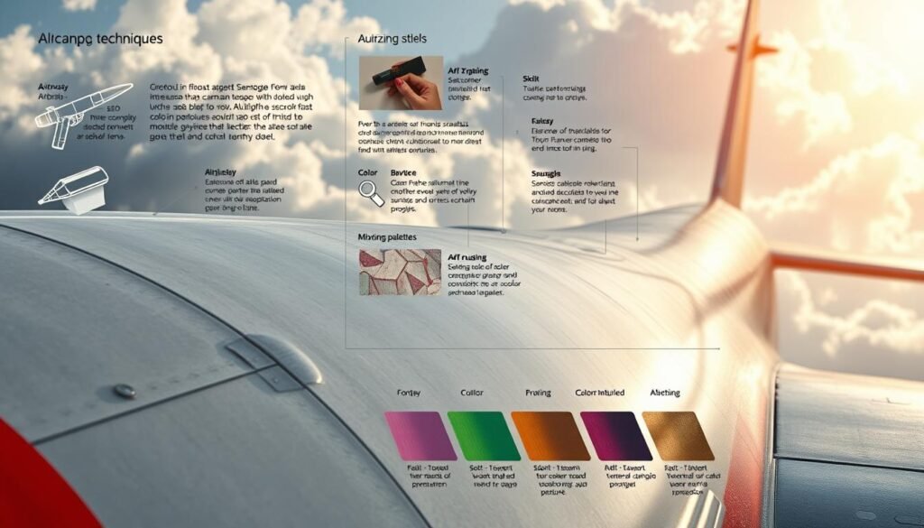 A detailed technical illustration of various airplane coloring techniques, depicting a close-up view of an aircraft fuselage. The scene is illuminated by soft, natural daylight filtering through clouds, creating a serene, educational atmosphere. The foreground showcases various color application methods such as airbrush, sponging, and dry brushing, with the aircraft's surface revealing diverse textures and sheen. The middle ground includes detailed color swatches and color mixing palettes, while the background features a minimalist, clean layout to emphasize the techniques. The overall composition is balanced, with a focus on demonstrating the process of coloring an airplane model.