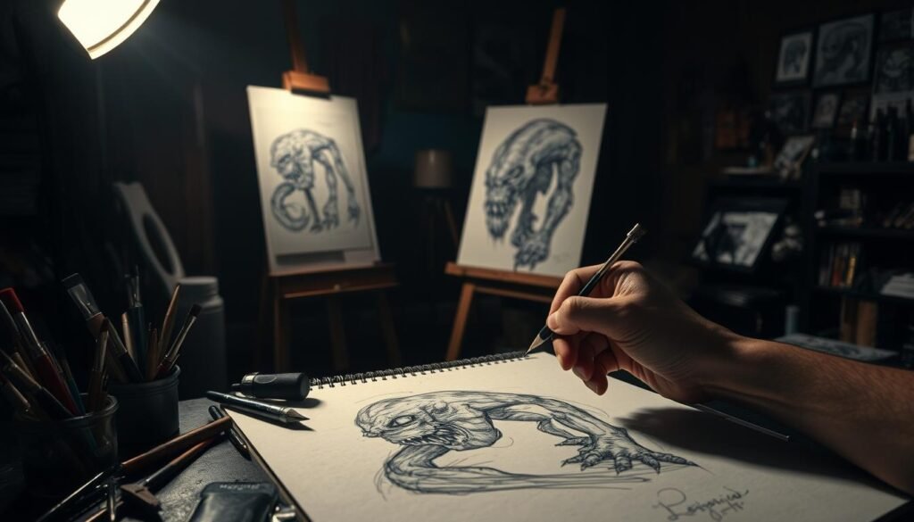 A dimly lit studio filled with an array of sketching and painting tools, brushes, and art supplies. In the foreground, a skilled artist's hand meticulously shading and detailing a monstrous creature, its features coming to life through expressive lines and textured strokes. The middle ground showcases an easel with a partially completed sketch, hinting at the artist's creative process. The background is shrouded in shadows, creating an eerie, atmospheric setting that enhances the mood of the scene. Soft, dramatic lighting illuminates the artist's workspace, casting dramatic shadows and highlighting the intricate details of the emerging monster design. The overall composition conveys a sense of creative focus, technical mastery, and the artist's dedication to bringing their monstrous vision to life.