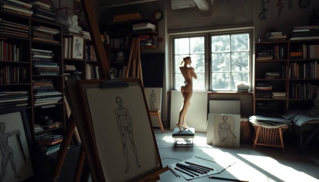 A dimly lit studio setting with an artist's easel in the foreground, displaying a partially completed figure drawing. The easel is surrounded by various drawing tools and materials, including pencils, charcoal, and sketchpads. In the middle ground, a model poses gracefully, their form illuminated by natural light streaming through a large window. The background features shelves filled with anatomical reference books and artistic paraphernalia, creating a sense of a dedicated workspace. The overall atmosphere is one of focused concentration and creative exploration, inviting the viewer to immerse themselves in the process of figure drawing.