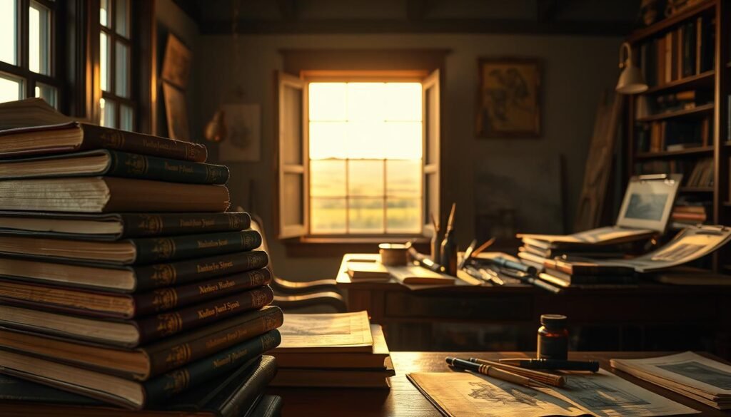 A dimly lit study, bathed in a warm, golden glow from the sidelighting. In the foreground, a stack of meticulously illustrated art books, their worn leather covers and gilded spines hinting at the timeless wisdom they contain. The middle ground features a vintage desk, its surface littered with sketching tools, pigments, and half-finished studies, suggesting a creative process in motion. In the background, a large window frames a serene, pastoral landscape, inviting contemplation and inspiration. The overall atmosphere evokes a sense of timeless artistic tradition, where the lessons of the past inform the creative journey of the present. A dimly lit study, bathed in a warm, golden glow from the sidelighting. In the foreground, a stack of meticulously illustrated art books, their worn leather covers and gilded spines hinting at the timeless wisdom they contain. The middle ground features a vintage desk, its surface littered with sketching tools, pigments, and half-finished studies, suggesting a creative process in motion. In the background, a large window frames a serene, pastoral landscape, inviting contemplation and inspiration. The overall atmosphere evokes a sense of timeless artistic tradition, where the lessons of the past inform the creative journey of the present.