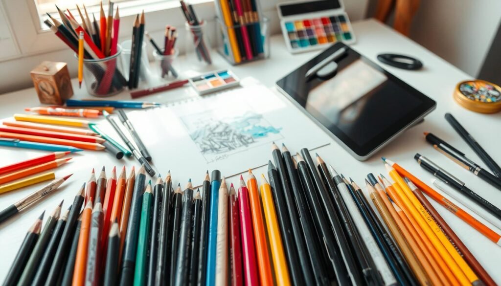 A diverse array of drawing tools and techniques, neatly arranged on a clean, well-lit studio surface. In the foreground, an assortment of pencils, pens, markers, and charcoal sticks in a variety of hues. In the middle ground, a sketchpad, paint brushes, and a palette of vibrant watercolors. In the background, a sleek, modern drawing tablet and stylus, reflecting the intersection of traditional and digital art. The scene is bathed in a soft, natural light, creating a serene and inspirational atmosphere, inviting the viewer to explore the endless possibilities of artistic expression.