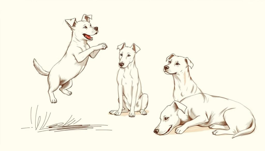 A dynamic scene of dogs in various lively drawing poses. In the foreground, a playful pup leaps mid-air, its limbs extended in an energetic motion sketch. In the middle ground, an attentive canine sits patiently, its body rendered with bold, expressive lines. In the background, a reclining dog rests peacefully, its form captured through delicate, flowing strokes. The lighting is warm and natural, casting a golden glow that enhances the organic, hand-drawn aesthetic. The overall composition conveys a sense of artistic exploration, inviting the viewer to study the nuanced techniques for depicting canine movement and character.