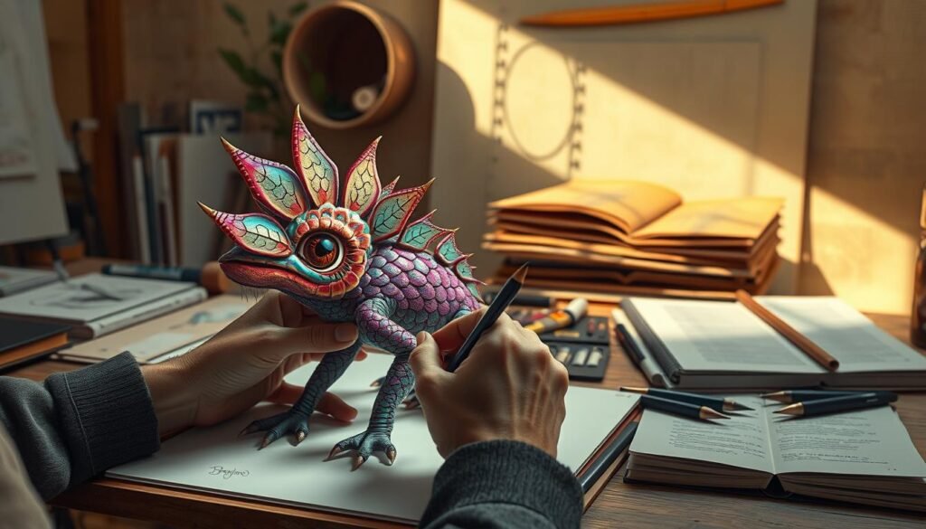 A highly detailed, hyper-realistic digital illustration of an artist's hands meticulously drawing an exotic, fantastical creature in the foreground. The creature has vibrant, iridescent scales, intricate patterns, and a whimsical, otherworldly appearance. The middle ground showcases various drawing tools, sketchbooks, and reference materials arranged in a thoughtful, compositional manner. The background features a warm, softly-lit studio setting with natural textures and gentle highlights, creating an atmosphere of focus and artistic inspiration. The lighting is soft and directional, casting subtle shadows that enhance the form and depth of the scene. The overall mood is one of concentration, creativity, and the joy of the artistic process.