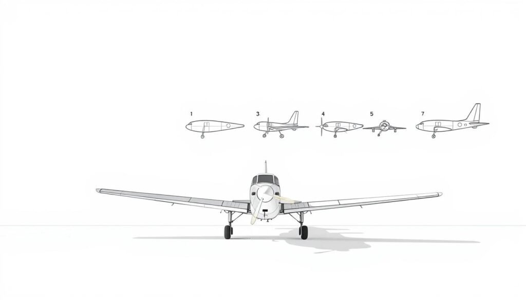 A highly detailed, step-by-step illustration guide for drawing a propeller airplane. The foreground features a lightly sketched outline of the airplane, showing the basic shape and proportions. The middle ground showcases a series of simplified, progressively more refined drawings, guiding the viewer through the process of constructing the airplane from basic shapes to a complete, polished rendering. The background is a clean, minimalist white space, allowing the focal step-by-step guide to be the center of attention. Soft, natural lighting illuminates the drawings, creating depth and dimension. The overall atmosphere is instructional and informative, designed to clearly demonstrate the fundamentals of aircraft illustration.