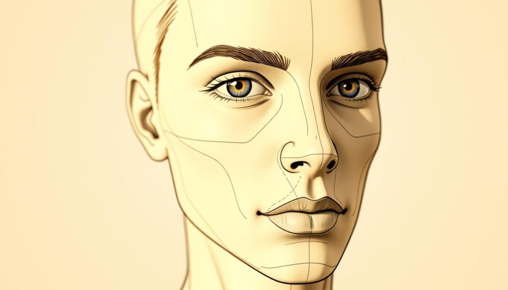 A highly detailed, technical illustration of a facial features drawing guide. A clear, sharp focus on the foreground subject with a subtly blurred, neutral background. Soft, warm lighting illuminating the face from the side, casting gentle shadows to emphasize the contours and structure. Precise, anatomical rendering of the eyes, nose, mouth, and other key facial landmarks, presented in a clean, instructional style suitable for an educational resource. Conveys a sense of clarity, professionalism, and utility for the purpose of teaching figure drawing techniques.