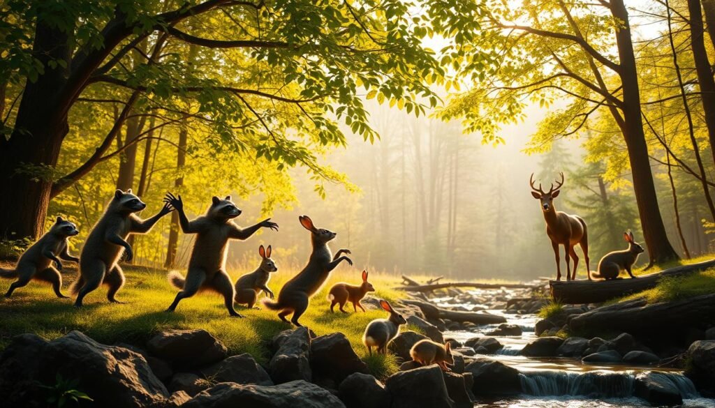 A lush forest glade, the sun's rays filtering through the canopy of verdant leaves. In the foreground, a group of forest creatures - raccoons, rabbits, and deer - engaged in a choreographed dance, their limbs flowing with graceful movement. Detailed anatomical studies of each animal's form, capturing the subtle nuances of muscle, bone, and fur. Warm lighting bathes the scene, creating a sense of depth and atmosphere. The middle ground features a naturalistic landscape, with weathered rocks, fallen logs, and a gently flowing stream. In the distance, the trees recede into a softly blurred background, hinting at the vastness of the wilderness. The overall mood is one of quiet wonder and contemplation, inviting the viewer to observe the beauty and complexity of the natural world. A lush forest glade, the sun's rays filtering through the canopy of verdant leaves. In the foreground, a group of forest creatures - raccoons, rabbits, and deer - engaged in a choreographed dance, their limbs flowing with graceful movement. Detailed anatomical studies of each animal's form, capturing the subtle nuances of muscle, bone, and fur. Warm lighting bathes the scene, creating a sense of depth and atmosphere. The middle ground features a naturalistic landscape, with weathered rocks, fallen logs, and a gently flowing stream. In the distance, the trees recede into a softly blurred background, hinting at the vastness of the wilderness. The overall mood is one of quiet wonder and contemplation, inviting the viewer to observe the beauty and complexity of the natural world.
