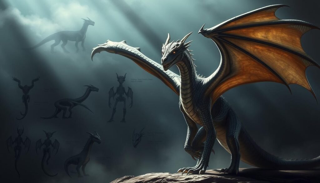 A magnificent dragon, its scales shimmering with an iridescent sheen, stands in the foreground, wings unfurled as it gazes with piercing eyes. In the middle ground, detailed studies of dragon anatomy and proportions are displayed, showcasing the intricate musculature and skeletal structure. The background is shrouded in a moody, atmospheric lighting, casting dramatic shadows that accentuate the form and texture of the dragon's features. Artfully composed, this image provides a comprehensive visual guide to advanced dragon drawing techniques, capturing the essence of the subject matter with a sense of depth and technical mastery.