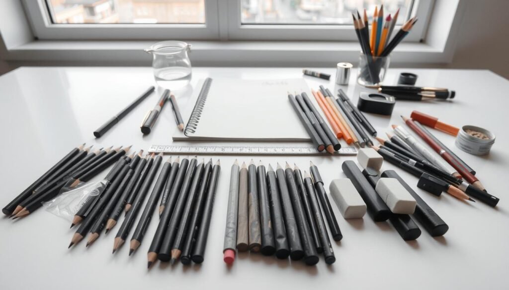 A meticulously organized collection of essential drawing supplies sits on a clean, minimalist workspace. In the foreground, a set of high-quality graphite pencils, charcoal sticks, and erasers are neatly arranged. The middle ground features a sketchpad, a ruler, and a selection of fine-tip pens in various colors. In the background, a small jar of water, a blending stump, and a sharpener complete the scene, illuminated by soft, natural lighting from a large window. The overall mood is one of focus, simplicity, and the anticipation of a creative process about to unfold.