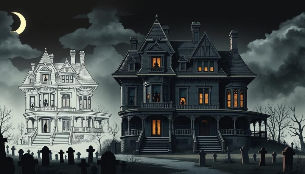 A meticulously rendered haunted house, captured in a step-by-step progression from sketch to detailed illustration. The front view showcases a Victorian-style mansion, with a foreboding atmosphere accentuated by ominous clouds, a crescent moon, and a spooky graveyard in the foreground. The architecture features intricate details, including turrets, ornate moldings, and a wraparound porch with creaking wooden steps. Shadowy figures lurk in the windows, hinting at the supernatural forces within. The lighting creates a moody, chiaroscuro effect, with dramatic contrasts between light and dark. The overall composition guides the viewer through the incremental stages of the house's haunting transformation.