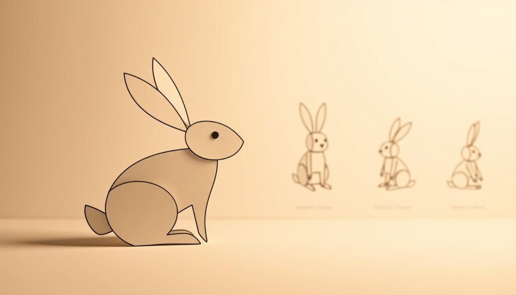 A minimalist rabbit construction composed of basic geometric shapes. In the foreground, a simple rabbit silhouette made of intersecting circles, rectangles, and triangles. Warm, muted lighting casts soft shadows, highlighting the underlying structures. The middle ground features additional rabbits in various stages of construction, demonstrating the building blocks of the form. Rendered with a clean, hand-drawn aesthetic against a plain, off-white backdrop, emphasizing the instructional nature of the scene.