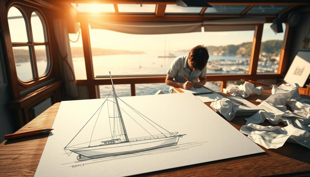 A nautical illustration showcasing common boat drawing errors. In the foreground, a detailed sketch of a sailboat with anatomical issues - disproportionate hull, misaligned masts, and distorted rigging. The middle ground features a frustrated artist hunched over a sketchpad, pencil in hand, surrounded by crumpled failed attempts. In the background, a serene coastal landscape with a picturesque harbor, hinting at the inspiring beauty that awaits once the technical challenges are overcome. Soft, warm lighting from an overhead window casts dramatic shadows, emphasizing the struggle to achieve the desired artistic vision. An educational scene that encourages perseverance and close examination of technical boat drawing fundamentals.