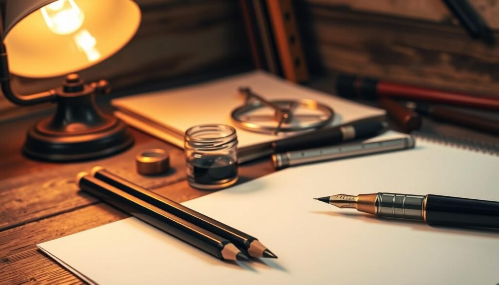 A neatly arranged assortment of classic drawing supplies on a rustic wooden table. In the foreground, a set of high-quality graphite pencils, an elegant fountain pen, and a small jar of India ink. In the middle ground, a sketchpad with crisp white pages, a compass, and a ruler. The background features a vintage desk lamp casting a warm, focused glow over the scene, creating an inviting and creative atmosphere. The overall composition conveys a sense of anticipation and preparation, ready to embark on the artistic journey of drawing a haunted house.