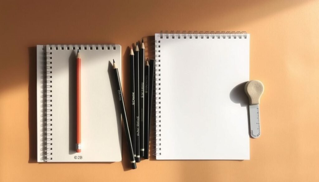 A neatly arranged collection of drawing materials for sketching a guitar: a sharpened 2B pencil, a high-quality sketchpad with smooth, off-white pages, a set of finely pointed charcoal pencils, a kneaded eraser, a small ruler, and a blending stump - all set against a warm, neutral background with soft, directional lighting that casts gentle shadows, creating a serene, creative atmosphere perfect for the "Gathering Your Materials" section of the guitar drawing tutorial.