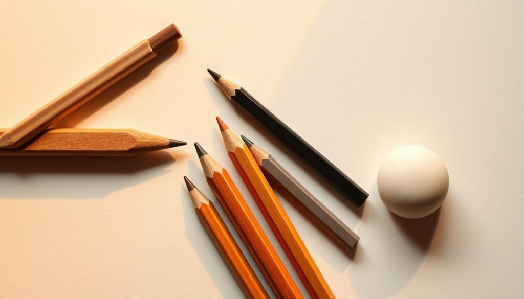 A neatly arranged collection of drawing tools for nose sketching - a blending stump, a set of pencils in various shades, and a kneaded eraser. The tools are placed on a textured paper surface, illuminated by warm, directional lighting that casts subtle shadows, highlighting their form and texture. The composition is balanced and visually appealing, inviting the viewer to imagine the process of crafting a realistic nose drawing.