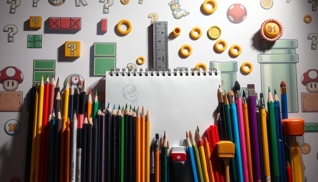 A neatly organized still life arrangement of essential drawing tools for creating Mario characters. In the foreground, a variety of colorful drawing utensils including pencils, pens, markers, and brushes arranged in an appealing composition. In the middle ground, a sketchpad, ruler, and eraser stand ready for sketching and refining character designs. The background features a backdrop of classic Mario game assets such as question mark blocks, mushrooms, and coins, creating an immersive atmosphere. Soft, directional lighting casts dramatic shadows, emphasizing the textures and shapes of the tools. The overall mood is playful and inspiring, capturing the spirit of creating art inspired by the beloved Nintendo franchise.