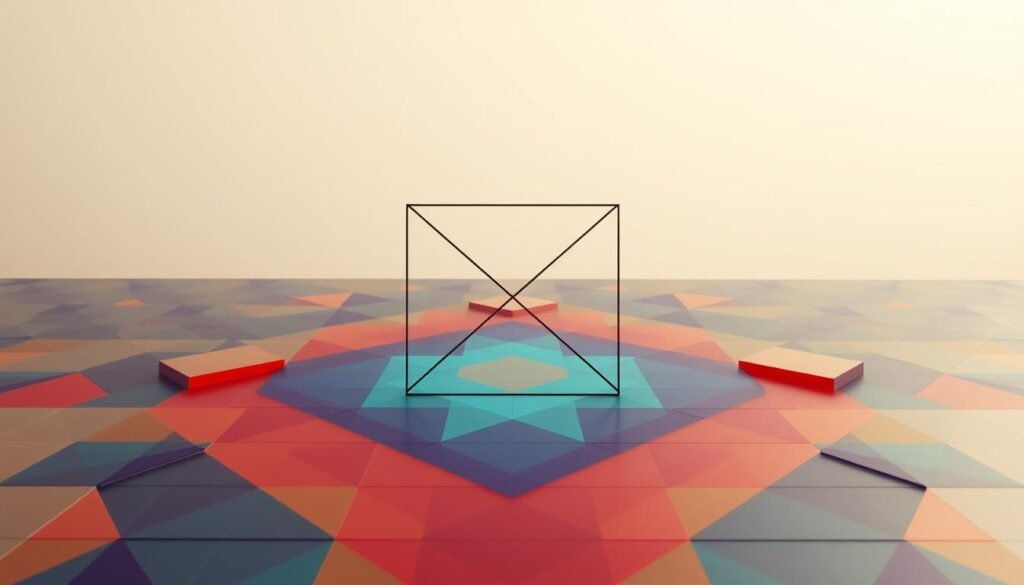 A perfectly balanced and harmonious geometric composition, featuring a vibrant array of shapes and lines. The foreground showcases a central square, constructed with three clean, decisive lines that intersect at precise angles. Surrounding it, a mesmerizing pattern of triangles, rectangles, and hexagons in a range of jewel-toned hues. The middle ground subtly blends warm and cool tones, creating depth and dimension. In the background, a subtle gradient of soft, diffused light casts a serene, contemplative atmosphere, highlighting the elegant simplicity and technical prowess of the geometric forms. Captured through a wide-angle lens, the overall scene exudes a sense of mathematical elegance and artistic perfection.