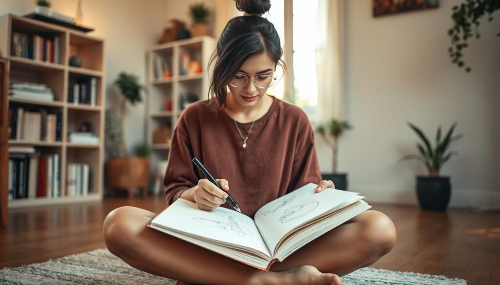 A person sitting cross-legged on the floor, immersed in a sketchbook, their face illuminated by a warm, natural light filtering through a nearby window. The background is a cozy, minimalist interior, with bookshelves and potted plants adding to the sense of creative introspection. The subject's expression is one of focused concentration, their hand delicately tracing lines on the page, capturing the essence of drawing as a form of personal expression and self-reflection. The scene conveys a sense of tranquility, where the act of creating becomes a meditative process, a way to explore and understand oneself more deeply. A person sitting cross-legged on the floor, immersed in a sketchbook, their face illuminated by a warm, natural light filtering through a nearby window. The background is a cozy, minimalist interior, with bookshelves and potted plants adding to the sense of creative introspection. The subject's expression is one of focused concentration, their hand delicately tracing lines on the page, capturing the essence of drawing as a form of personal expression and self-reflection. The scene conveys a sense of tranquility, where the act of creating becomes a meditative process, a way to explore and understand oneself more deeply.