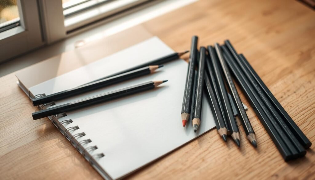 A pristine white paper pad rests atop a smooth, natural wood surface, surrounded by a selection of high-quality graphite drawing pencils in various weights. The pencils are arranged artfully, their sharp points and rich, varied tones inviting the viewer to pick them up and begin sketching. Soft, diffused lighting from a nearby window casts a warm, cozy glow over the scene, highlighting the textures of the materials and creating subtle shadows that add depth and dimension. The overall mood is one of quiet focus and creative potential, setting the stage for the creation of detailed, expressive rabbit sketches.
