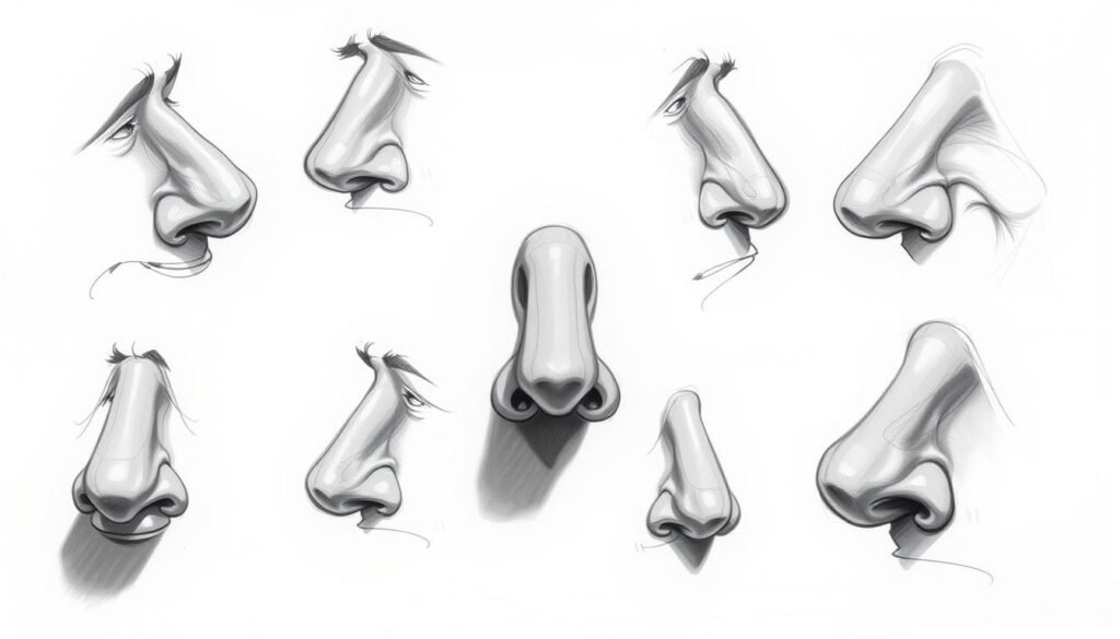 A series of detailed sketches depicting nose character expressions, rendered with a naturalistic style and subtle lighting. The foreground features various nose shapes - hooked, rounded, upturned - each expressing a distinct emotion through angle, nostril flare, and brow position. The middle ground showcases the nose in profile, highlighting contours and shadow details. In the background, loose gestural studies capture the nose's dynamic movement and flexibility. The overall atmosphere is one of artistic exploration, inviting the viewer to observe the nuanced expressiveness of this often-overlooked facial feature.
