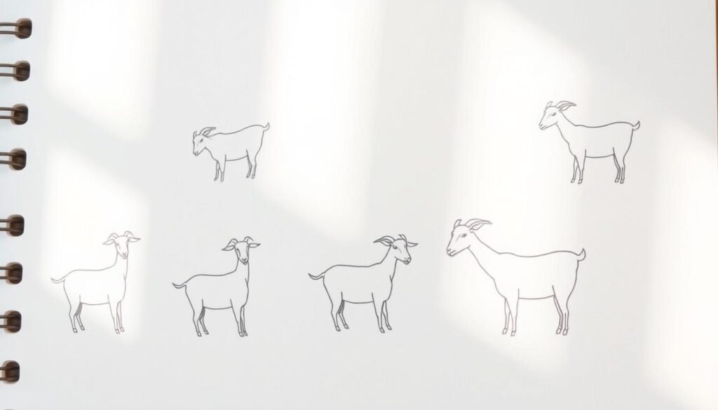 A series of simple yet informative hand-drawn sketches depicting the step-by-step process of drawing a goat. The foreground features clear, concise illustrations showcasing the key steps, rendered in a clean, minimalist style with a muted color palette. The middle ground provides ample white space for easy comprehension, while the background subtly suggests a sketchbook-like texture, enhancing the instructional nature of the image. Soft, natural lighting illuminates the sketches, creating a warm, inviting atmosphere conducive to learning. The overall composition is well-balanced and organized, guiding the viewer through the goat drawing tutorial in a clear and engaging manner.