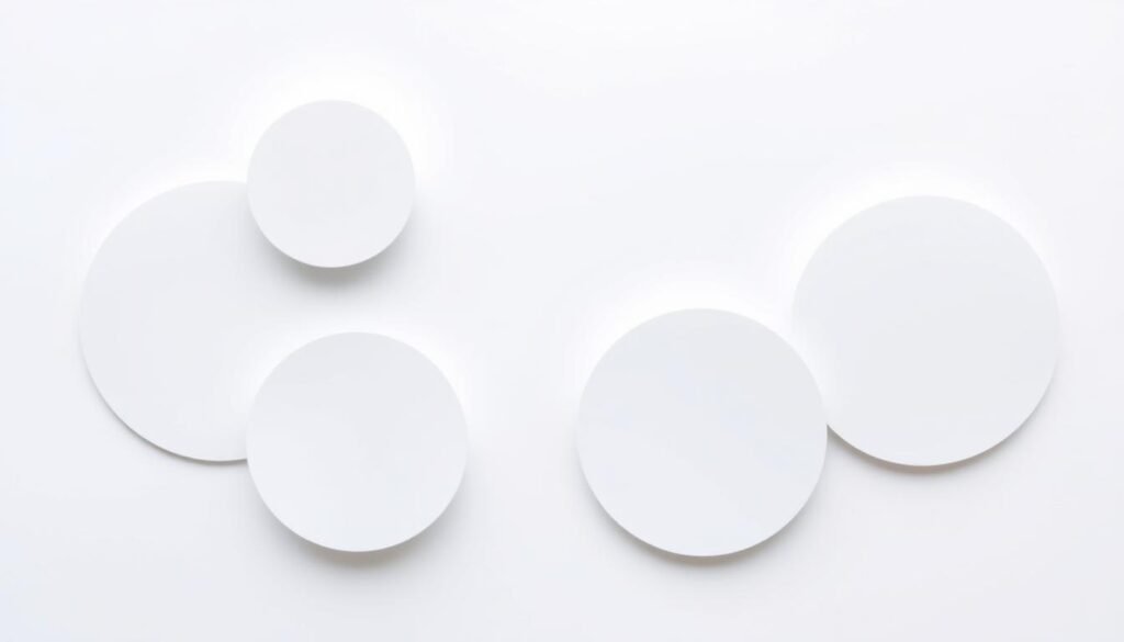 A simple composition of basic circle shapes in a clean, minimalist style, arranged to depict the head structure for a classic cartoon character. Soft, diffused lighting from the left casts gentle shadows, highlighting the form and volume. The circles are positioned in a balanced, symmetrical layout, with subtle gradients and soft edges to convey a friendly, approachable aesthetic. The overall mood is one of simplicity, clarity, and guidelines for constructing a character's head, suitable for an instructional art tutorial.