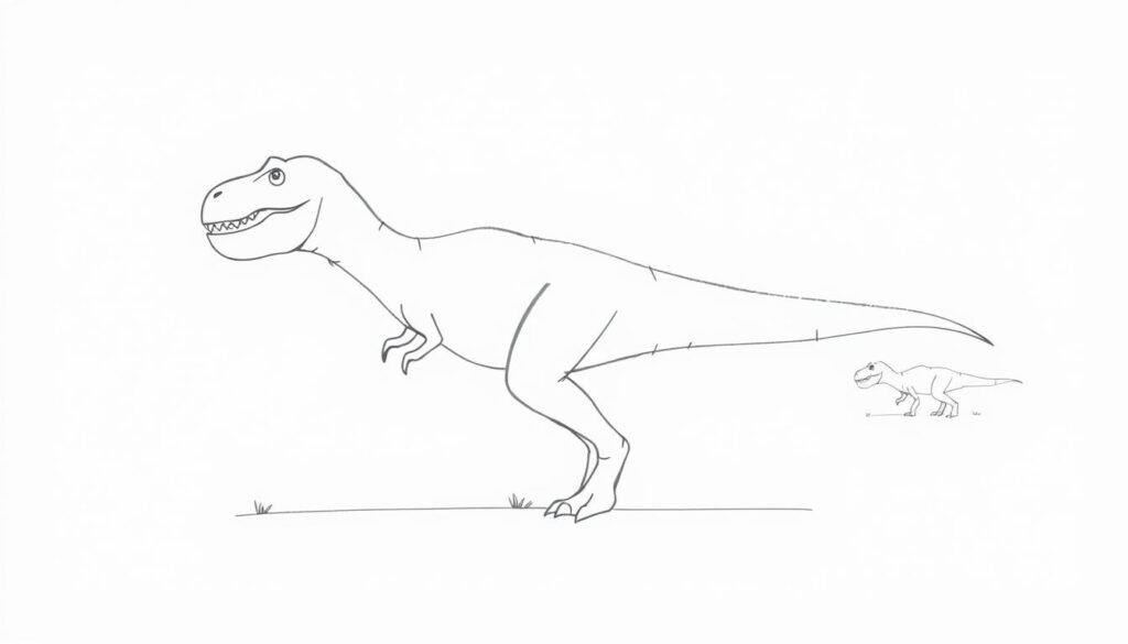 A step-by-step dinosaur outline drawing on a plain white background, showcasing the key construction lines, shapes, and proportions required to sketch a prehistoric creature. The foreground features a simple, minimalist line art illustration of a Tyrannosaurus Rex, with clean, geometric forms gradually building up the iconic silhouette. The middle ground has faint guidelines and construction sketches, demonstrating the process of gradually refining the initial shapes into a detailed dinosaur figure. The background is a pure, bright white, allowing the line art to stand out clearly and emphasize the tutorial-style demonstration. Soft, even lighting from above casts gentle shadows, accentuating the 2D, instructional nature of the image. The overall mood is educational, inviting the viewer to follow along and learn how to draw this prehistoric predator.