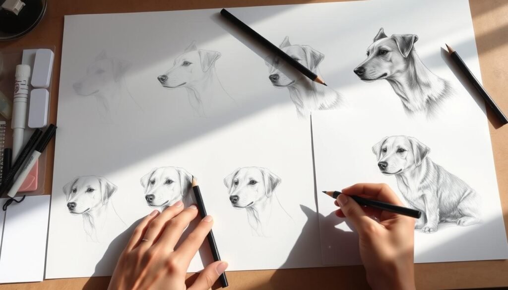 A step-by-step dog drawing process, showcased in a realistic and detailed illustration. A skilled artist's hand carefully guides the viewer through each stage, from rough sketches to final touches. The drawing unfolds on a well-lit drawing desk, with a neutral background and natural lighting creating a serene, focused atmosphere. Graphite pencils, erasers, and a sketchpad are neatly arranged, conveying a sense of methodical, step-by-step progression. The dog's likeness emerges gradually, its features and proportions meticulously refined with every stroke. This instructional image aims to inspire and educate aspiring artists on the art of dog portraiture.