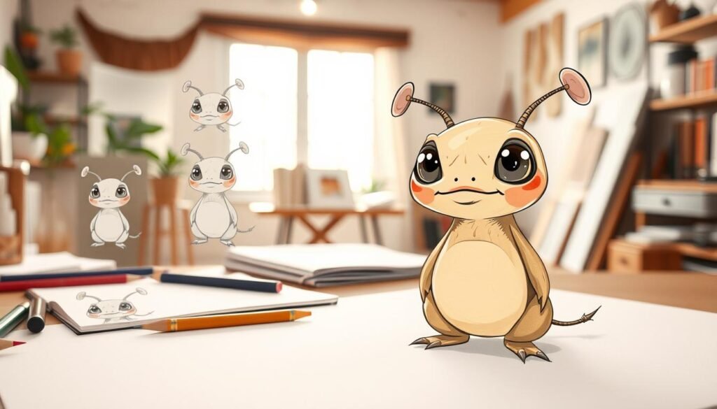 A step-by-step drawing process of a whimsical, alien-like creature called Labubu. In the foreground, the creature's distinctive features are meticulously rendered - its rounded body, curious eyes, and playful antennae. In the middle ground, the drawing tools and materials are neatly arranged, including pencils, sketchbook, and a reference image. The background depicts a cozy, well-lit studio setting, with a large window providing natural illumination. The atmosphere is one of focused creativity and artistic exploration, inviting the viewer to join in the process of bringing this enchanting character to life.