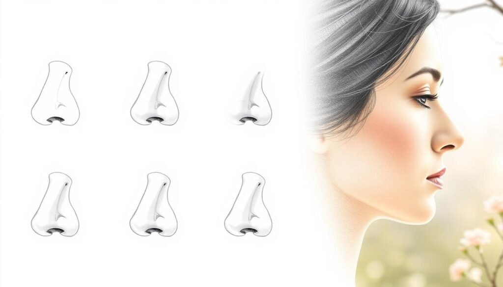 A step-by-step guide to drawing a realistic nose. The foreground depicts the nose in various stages, from initial sketching to final shading. The middle ground showcases a human face in profile, allowing the viewer to visualize the nose's placement and proportions. The background is a soft, natural setting with gentle lighting, creating a serene, instructional atmosphere. The composition guides the eye through the drawing process, emphasizing the importance of each step. Technical details such as pencil strokes, shading techniques, and accurate anatomical references enhance the educational value of the image.