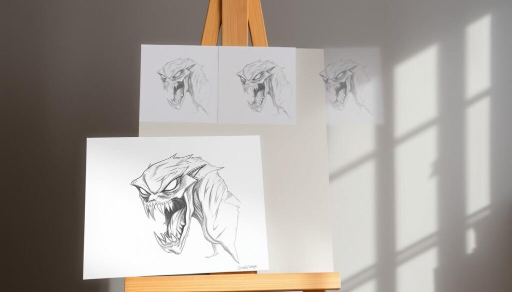 A step-by-step monster drawing tutorial, displayed on a wooden easel against a neutral gray background. The foreground features a detailed pencil sketch of a fearsome, snarling creature with sharp fangs, glowing eyes, and a monstrous, asymmetrical face. The middle ground shows the progression of the drawing, with rough sketches, construction lines, and gradual refinement of the creature's form. The background casts soft, directional lighting, creating depth and dimension. The overall atmosphere is educational yet eerie, inviting the viewer to engage with the creative process of conjuring a horrifying entity.