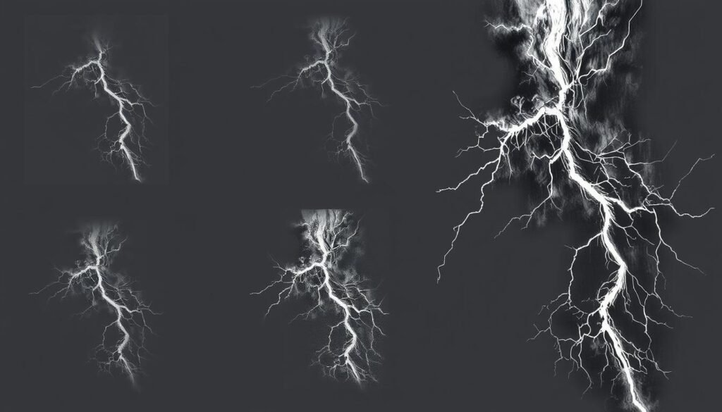 A step-by-step process of a lightning bolt illustration. A detailed drawing in graphite, with an intense chiaroscuro effect, showcasing the dramatic build-up of the bolt. Crisp, high-contrast lines capture the jagged, branching structure as it snakes across the page, with subtle shading to convey the volumetric form. The bolt emerges from a dark, moody background, with muted tones of gray, navy, and indigo. Dramatic, dynamic, and electrifying - a captivating visual guide to the art of drawing this powerful natural phenomenon.
