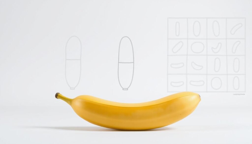 A step-by-step visual guide to constructing a banana from basic shapes. In the foreground, a realistic banana with a smooth, slightly curved yellow peel is rendered in a flat perspective. The middle ground features a wireframe diagram illustrating the geometric forms that make up the banana - an elongated capsule shape for the body, with a rounded top and a tapered bottom. In the background, a grid of simple banana sketches demonstrates the construction process, showing how to build up the fruit from simple shapes like ovals and rectangles. The lighting is soft and diffused, creating an educational, instructional atmosphere suitable for an illustrated tutorial.