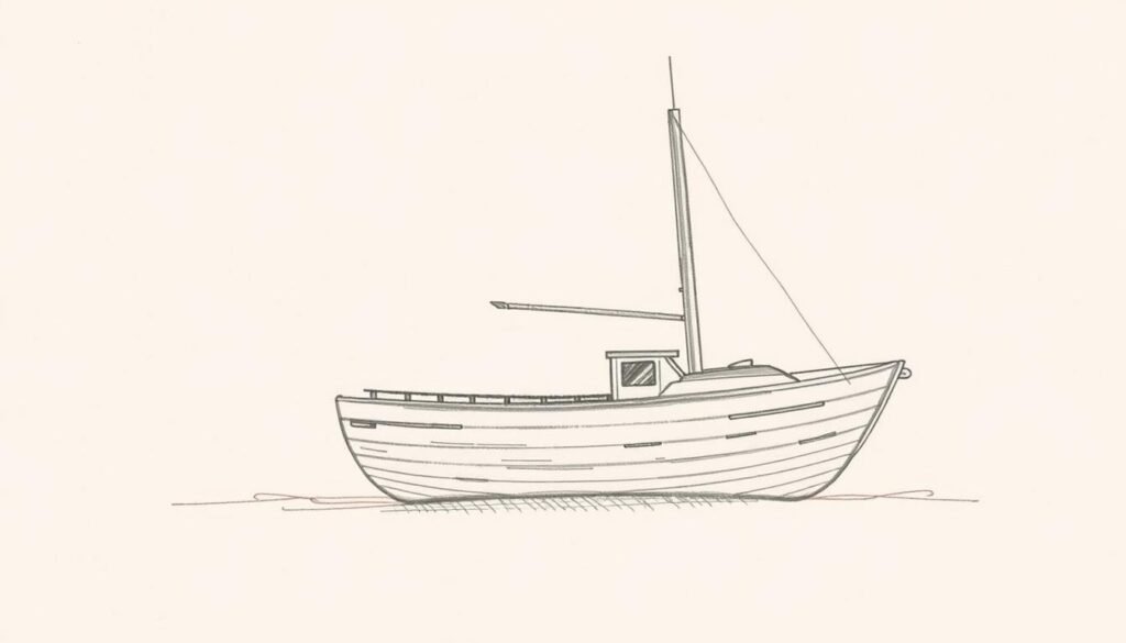 A step-by-step visual guide to drawing a classic wooden boat. A simple sketch in a warm, earthy palette, focused on the essential shapes and forms. The foreground features a clean, minimalist outline of the boat's hull, deck, and sail, with delicate pencil strokes gradually building up the details. The middle ground showcases the boat's profile, emphasizing the graceful curve of the hull and the clean, geometric shapes of the superstructure. In the background, a soft, blurred seascape provides context, with a hint of horizon and a gentle suggestion of waves. Muted lighting casts subtle shadows, adding depth and dimensionality to the scene. The overall mood is one of tranquility and simplicity, inviting the viewer to follow along and learn the fundamentals of nautical illustration.