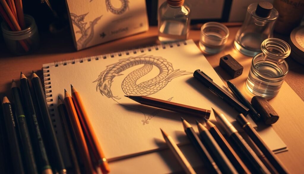 A still life arrangement of essential drawing materials for crafting dragon artwork. In the foreground, an array of high-quality pencils, ranging from soft 6B to precise 2H, nestled alongside a set of fine-tipped drawing pens in varying nib sizes. In the middle ground, a sketchpad with textured pages, its cover adorned with an intricate dragon scale pattern. Resting beside it, a well-sharpened charcoal stick and a selection of artist-grade erasers. In the background, a bottle of blending medium and a small jar of water, ready for creating washes and subtle tones. Warm, golden lighting casts a soft, contemplative glow over the scene, evoking the creative atmosphere of a dragon artist's workspace.