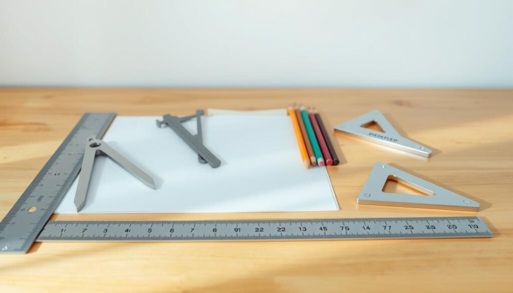 A still life arrangement of geometric drawing tools neatly laid out on a minimalist, well-lit wooden table. The foreground features a ruler, compass, protractor, and set square, their metallic surfaces reflecting the soft, natural lighting. In the middle ground, a sketchpad and pencils in various shades create a sense of artistic preparation. The background is a plain, neutral-colored wall, allowing the tools to be the focal point. The composition is balanced, symmetrical, and conveys a sense of order and focus, evoking the essential elements needed to begin a geometric art project.