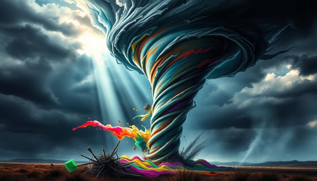 A swirling tornado takes shape, its funnel-like form twisting and churning through the stormy atmosphere. Dramatic lighting casts dramatic shadows, with sunbeams peeking through ominous gray clouds. Vibrant colors bleed and blend, as if the tornado is an ever-evolving work of art, a masterful fusion of nature's raw power and artistic flair. In the foreground, a detailed sketch of the tornado's form emerges, highlighting the complex structures and textures that define its shape. The middle ground showcases the tornado's dynamic movement, with debris and wind-swept elements adding to the sense of chaos and energy. The background features a moody, atmospheric landscape, setting the stage for this awe-inspiring, almost supernatural display of nature's artistry.