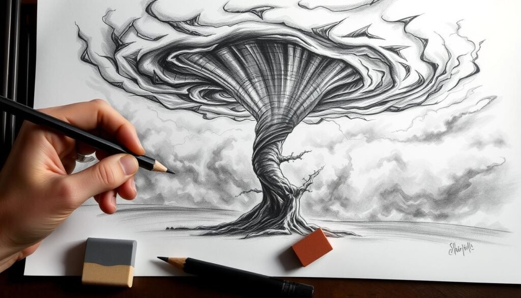 A tornado drawing technique masterclass, with sweeping lines and dynamic movement. In the foreground, a hand skillfully wields a charcoal pencil, capturing the chaotic curves and spirals of a raging storm. The middle ground features a variety of sketching tools - erasers, blending stumps, and a reference image of a towering twister. In the background, an atmospheric scene of dark, roiling clouds and faint lightning flashes illuminates the artistic process. Crisp, high-contrast lighting and a narrow depth of field create a sense of focus and intensity, as the artist brings the tornado to life on the page.