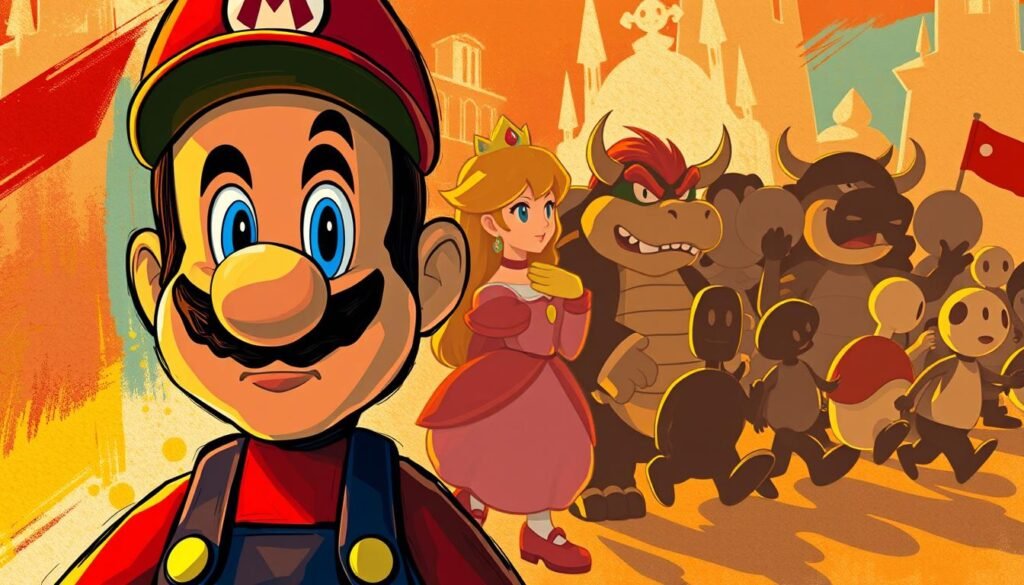 A vibrant collage of Mario characters, each rendered in a distinct artistic style. In the foreground, the iconic plumber stands tall, his features reimagined through the lens of expressionistic brushstrokes and bold colors. In the middle ground, Princess Peach and Bowser emerge, their forms abstracted into geometric shapes and dynamic lines, evocative of cubist and futurist influences. In the background, a parade of Mushroom Kingdom denizens - Goombas, Koopa Troopas, Boos - dance across the frame, their silhouettes captured in a whimsical, almost childlike illustration style. The scene is bathed in warm, golden lighting, creating an atmosphere of playful experimentation and artistic celebration.