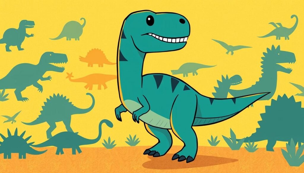 A vibrant digital illustration showcasing the foundations of dinosaur drawing. In the foreground, a playful Tyrannosaurus Rex is composed of basic geometric shapes - a triangular head, rectangular body, and cylindrical limbs. Surrounding it, various other dinosaur silhouettes are constructed from simple circles, squares, and triangles, guiding the viewer through the building blocks of prehistoric art. The scene is illuminated by a warm, golden light, creating a welcoming, educational atmosphere. Rendered with a soft, textured style, the image invites the viewer to explore the ease of capturing dinosaurs through basic shape construction.