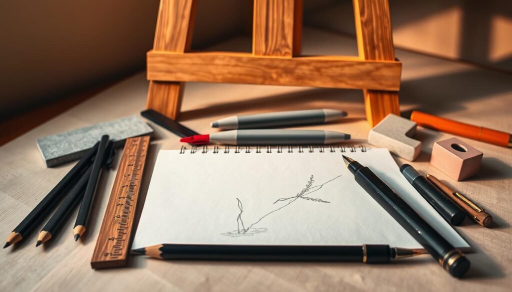 A vibrant still life composition showcasing an assortment of classic drawing tools and materials. In the foreground, a set of high-quality graphite pencils, a wooden artist's ruler, and a sleek black fountain pen sit atop a textured paper surface. In the middle ground, a sketchpad lies open, revealing the beginnings of a delicate pencil sketch. Around it, an array of drawing implements, including a set of fine-tipped markers, a blending stump, and a kneaded eraser. The background features a wooden easel, casting warm, directional lighting across the scene, creating a cozy, creative atmosphere. The overall composition evokes the thoughtful, meditative nature of the drawing process, inviting the viewer to engage with the essential tools of the craft. A vibrant still life composition showcasing an assortment of classic drawing tools and materials. In the foreground, a set of high-quality graphite pencils, a wooden artist's ruler, and a sleek black fountain pen sit atop a textured paper surface. In the middle ground, a sketchpad lies open, revealing the beginnings of a delicate pencil sketch. Around it, an array of drawing implements, including a set of fine-tipped markers, a blending stump, and a kneaded eraser. The background features a wooden easel, casting warm, directional lighting across the scene, creating a cozy, creative atmosphere. The overall composition evokes the thoughtful, meditative nature of the drawing process, inviting the viewer to engage with the essential tools of the craft.