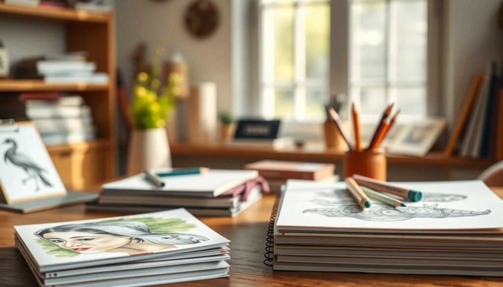 A warm, inviting still life scene of drawing books for adult learners. In the foreground, a stack of hardcover sketchbooks with high-quality paper, their covers showcasing a variety of artistic subjects. In the middle ground, a set of colored pencils, erasers, and a small drawing tablet, all neatly arranged. The background features a cozy, well-lit workspace, perhaps a wooden desk or table, with a large window allowing soft, natural light to filter in. The overall mood is one of creativity, inspiration, and the joyful pursuit of artistic expression, perfect for an article on drawing books for those new to the craft. A warm, inviting still life scene of drawing books for adult learners. In the foreground, a stack of hardcover sketchbooks with high-quality paper, their covers showcasing a variety of artistic subjects. In the middle ground, a set of colored pencils, erasers, and a small drawing tablet, all neatly arranged. The background features a cozy, well-lit workspace, perhaps a wooden desk or table, with a large window allowing soft, natural light to filter in. The overall mood is one of creativity, inspiration, and the joyful pursuit of artistic expression, perfect for an article on drawing books for those new to the craft.