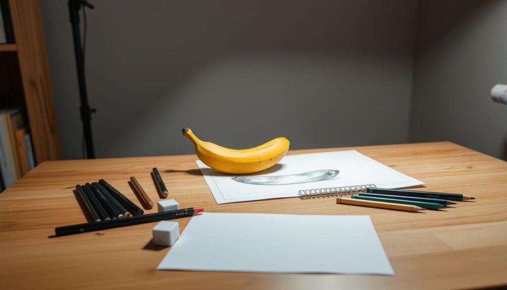 A well-lit, cozy workspace setup for drawing a detailed, vibrant banana. In the foreground, a wooden artist's table with a smooth, clean surface. On the table, an array of high-quality drawing supplies - pencils, erasers, a sketchpad, and a banana ready to be rendered. Overhead, a soft, diffused light creates an inviting, focused atmosphere. In the background, a neutral-toned wall provides a simple, uncluttered backdrop, allowing the banana drawing process to be the central focus. The overall scene conveys a sense of calm productivity, inspiring the viewer to pick up a pencil and start their own banana artwork.