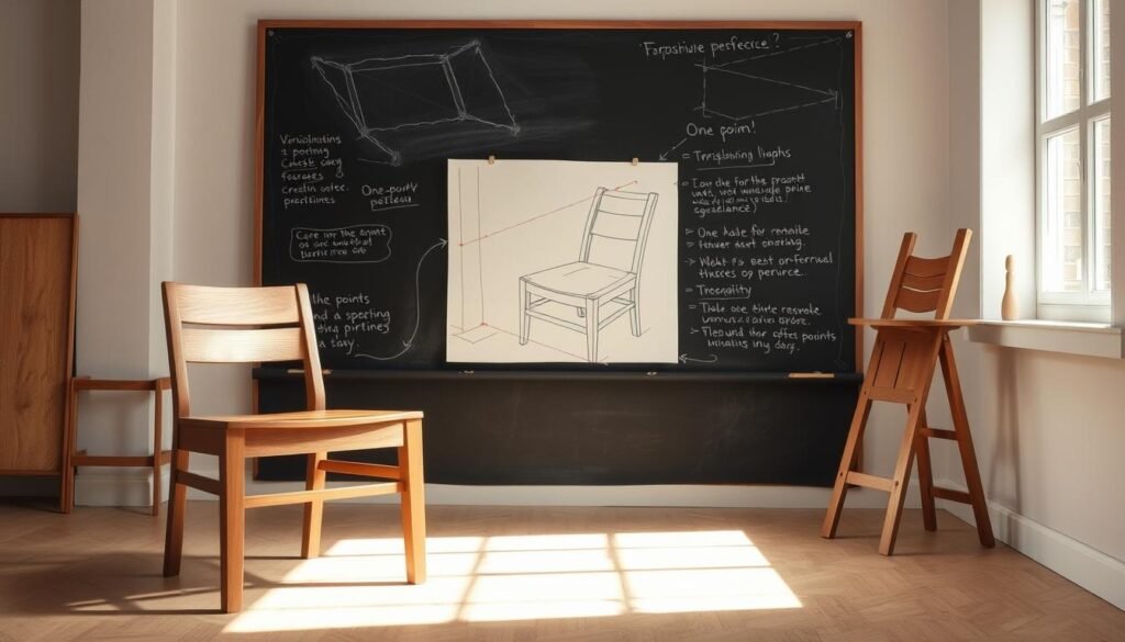 A well-lit studio scene showcasing various perspective drawing techniques for a chair. In the foreground, a wooden chair stands in a three-quarter view, its form and proportions clearly defined. In the middle ground, a detailed sketch of the chair, demonstrating vanishing points, orthogonal lines, and construction guidelines. In the background, a chalkboard displays diagrams and annotations explaining perspective principles, such as one-point, two-point, and three-point perspectives. Soft, natural lighting illuminates the scene, creating depth and emphasizing the tactile qualities of the materials. The atmosphere is one of focused study, inviting the viewer to learn and explore the fundamentals of furniture drawing.