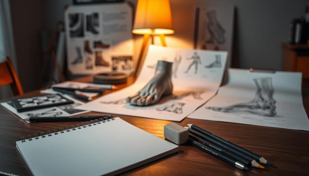 A well-lit table showcases an assortment of drawing materials for a realistic foot study. In the foreground, a sketchpad, graphite pencils, and a kneaded eraser lie ready for use. The middle ground features a human foot model positioned for close observation, surrounded by reference images and anatomical diagrams. In the background, a warm-toned lamp illuminates the workspace, creating a focused, contemplative atmosphere for the artist to capture the intricate details of the foot structure.