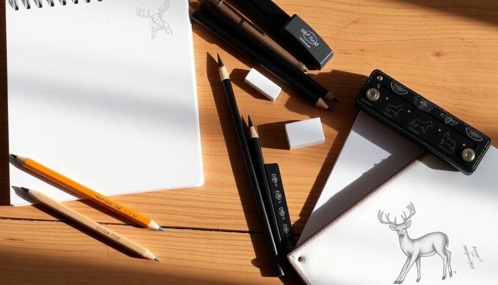 A well-organized set of drawing materials resting on a wooden surface, including a sketchpad, a set of high-quality pencils, an eraser, a sharpener, and a pair of deer-themed drawing tools like a deer-shaped ruler or a deer-patterned pen case. The materials are neatly arranged, creating a visually appealing and inspiring composition. The lighting is soft and natural, casting gentle shadows that add depth and dimension to the scene. The overall mood is one of creativity, focus, and a connection to the natural world, perfectly capturing the essence of the "Tools and Materials for a Perfect Deer Drawing" section.